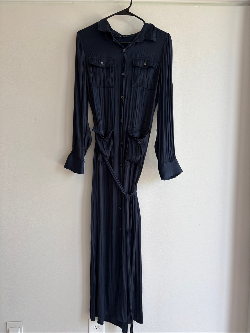 Madewell Navy Long-Sleeve Button-Front Shirt Dress with Waist Tie